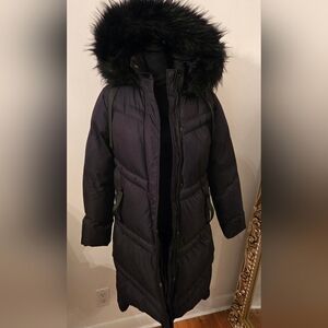 Saint And Sinner Long Black Puffer Coat With Hood Faux Fur Trim Womens Sz L NWT